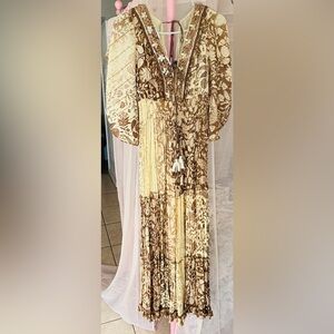 Bohemian Floral Tiered Maxi Dress in Cream and Brown